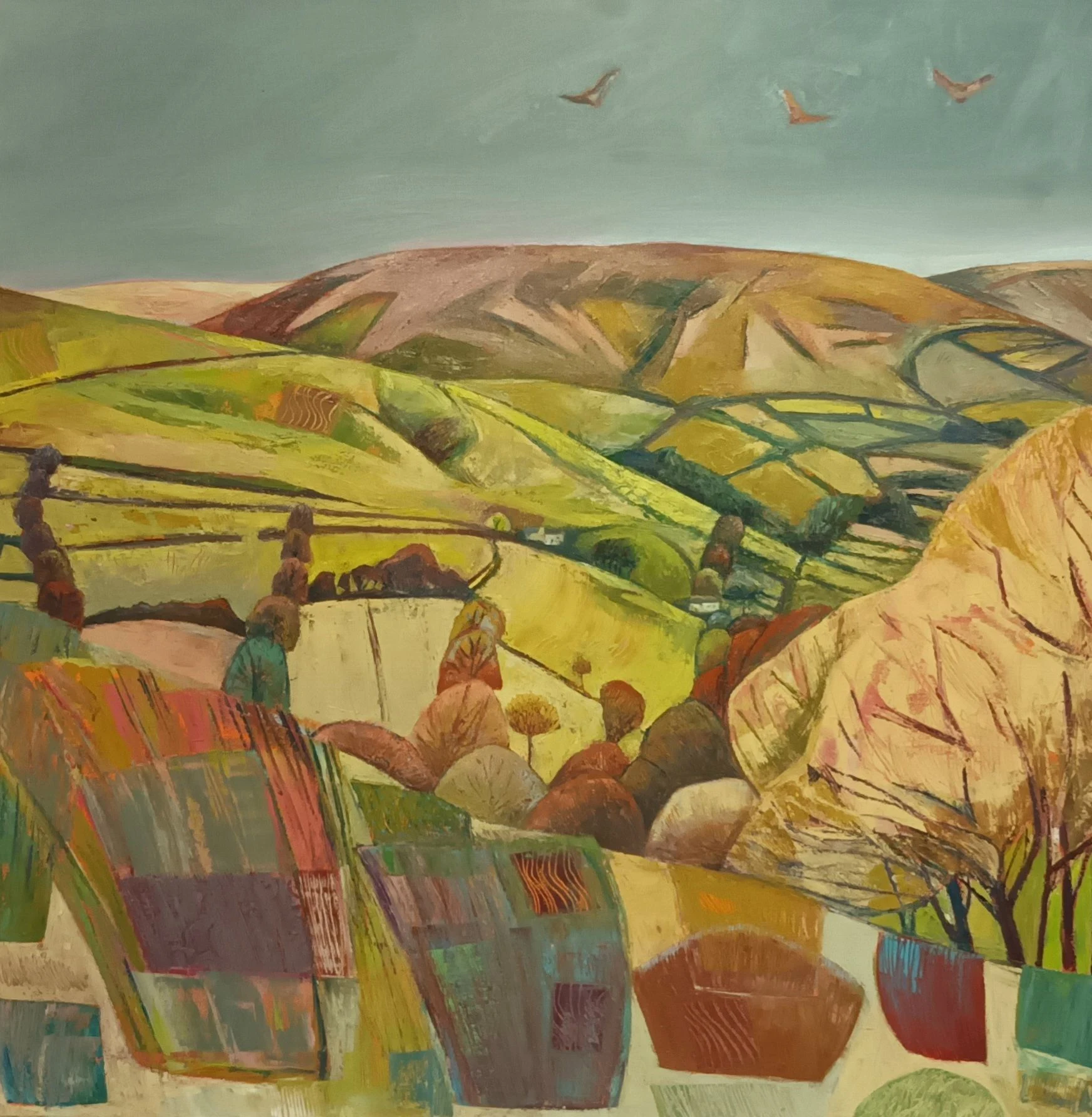 Buzzards over Uppington, Withypool — Oil on canvas, 90 × 90 cm (estimated), 2026