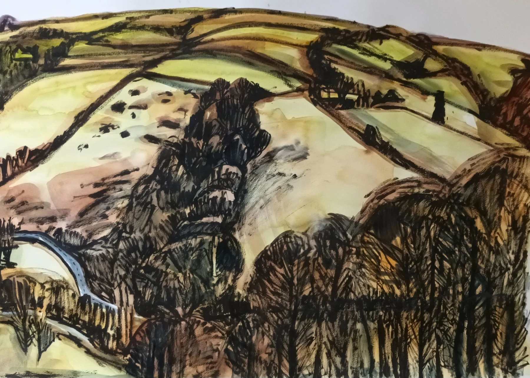 Road and River out of Winsford, Sketch — Watercolour and ink on paper, 2025